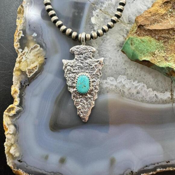 Gary Custer Navajo Sterling Silver Tufa Cast Turquoise Arrowhead Uni Pendant #2 - Picture 2 of 10